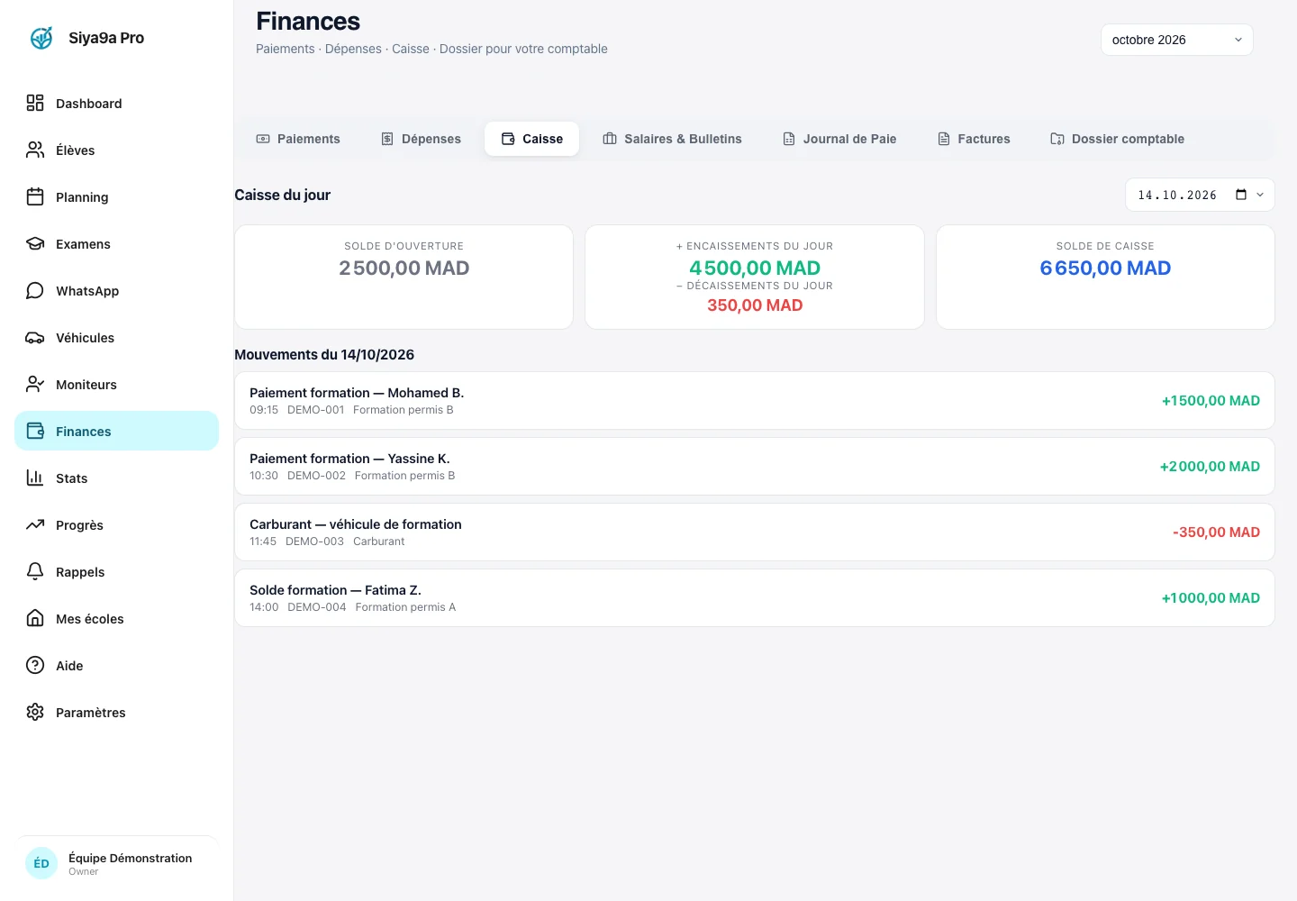 Paiements & caisse dans l’application Siya9a Pro, avec des données fictives de démonstration.